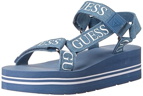 Image of GUESS Women's Avin Wedge Sandal, Blue+White Denim, 3.5 UK