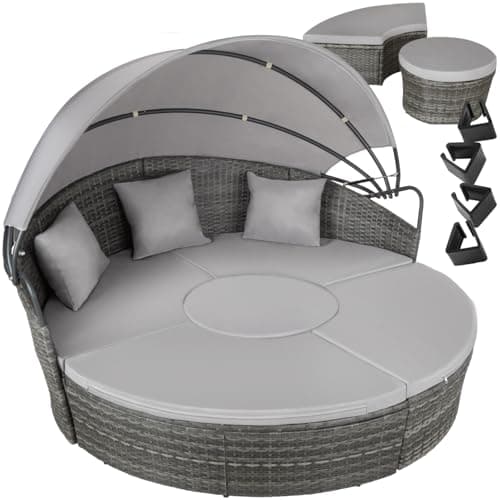 Image of tectake® 5-Piece Modular Rattan Garden Daybed with Fold-Out Sun Canopy, UV-Resistant Rattan Garden Furniture Set with Pillows, Sectional Sun Lounger Set for Patio, Backyard, Balcony - Grey