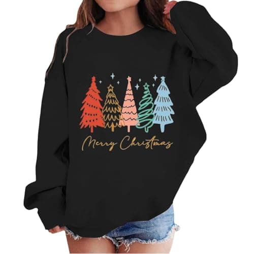 Image of Girls Christmas Sweatshirt Casual Crewneck Long Sleeve Xmas Pullovers Tops Funny Colorful Xmas Trees Printed Christmas Hoodies Fall Winter Loose Festive Tops for Party School Wear (Black, 11-12 Years)