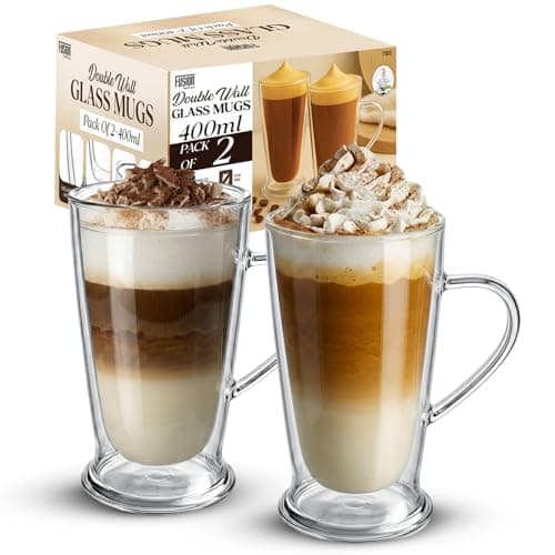 Image of Double Walled Coffee Mugs 2 Pack - 400ml Glass Coffee Mugs for Hot & Cold Drinks - Scratch Resistant Latte Mug - Easy to Clean Insulated Borosilicate Glass Cups