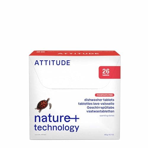 Image of ATTITUDE Dishwasher Pods, Plant-Based & Vegan, Phosphate-Free Detergent Tablets, Naturally Derived, Unscented, 26 Count