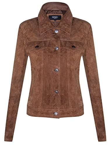 Image of Ladies Tan Brown Suede Trucker Jacket Classic Western Leather Denim Jean Jacket S