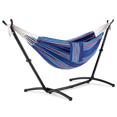 Image of VonHaus Hammock with Stand - Freestanding 2 Person Striped Hammock Seat with Steel Frame - Polycotton Material & Adjustable Frame for Garden - Travel Bag for Beach, Camping & Outdoors - Blue Stripe