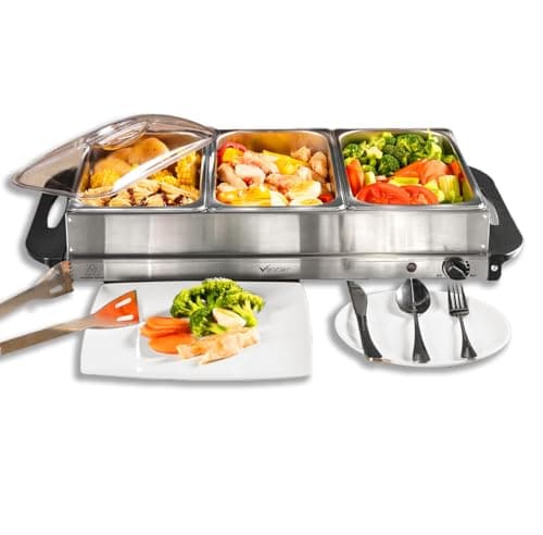 Image of Vencier 3-Pan Buffet Server, 3 x 2.5L Capacity Per Pans, 300W Food Warmer with Adjustable Temperature, Portable Hot Plate & Chafing Dish, Bain Marie Steam Table for Catering & Entertaining