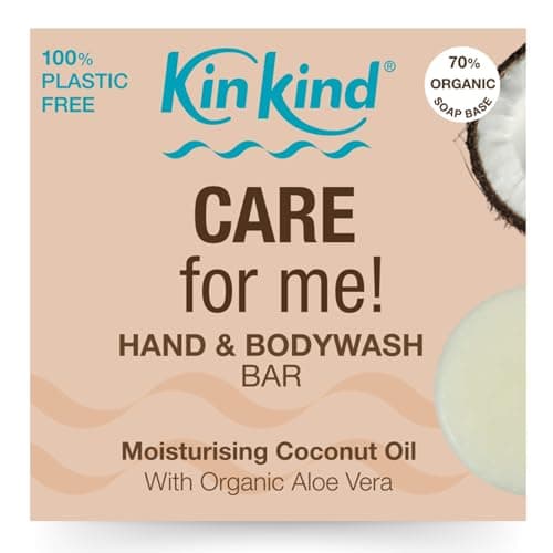 Image of KinKind CARE for me! Hand & BodyWash bar. Moisturising coconut oil with organic aloe vera. Plastic and paraben free. Vegan. Made in UK