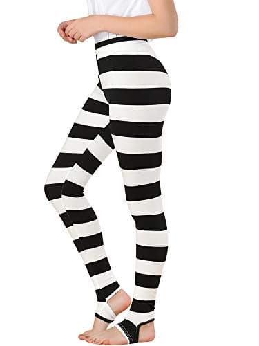 Image of Allegra K Women's Leggings Printed High Waist Elastic Waistband Yoga Stirrup Pants Black White-Stripe L