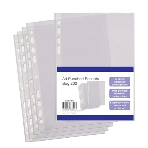 Image of SUMMIT Punched Pockets, Clear A4 Plastic Sleeves, Reinforced Spine, Multi-Hole for Ring Binders, Pack of 200