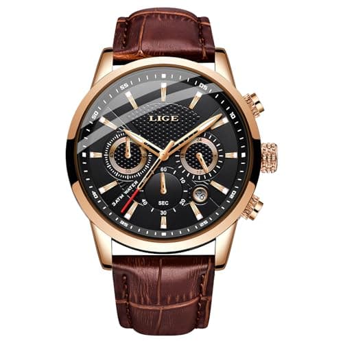 Image of LIGE Watch Men's Fashion Waterproof Sports Chronograph Analogue Quartz Stainless Steel Leather Bracelet Rose Gold Dial Wristwatch