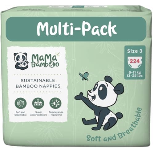 Image of Mama Bamboo Soft Breathable Bamboo Eco-Nappies - Super Absorbent Core - with Leak Free Elasticated Panels - Size 3 (6-11kg) x 224 Nappies