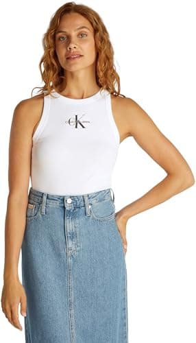 Image of Calvin Klein Women’s Monologo Skinny Fit Rib Tank Top, White (Brilliant White), XXS