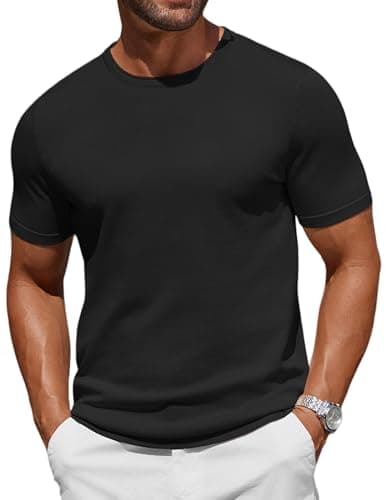Image of COOFANDY Men's T-Shirts Short Sleeve Knitted T Shirt Men Crew Neck Casual Tops Black M