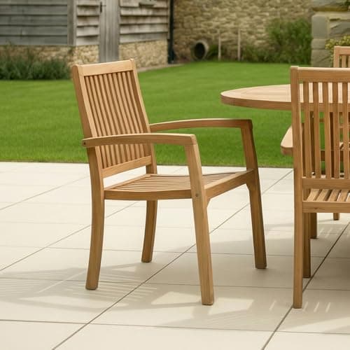 Image of CHARLES BENTLEY Set of 2 Teak Stacking Chairs, Outdoor Wooden Dining Chairs, Classic Slatted Design, Armrests for Comfort, Space-Saving Stackable Design, Garden Furniture (90x54cm)