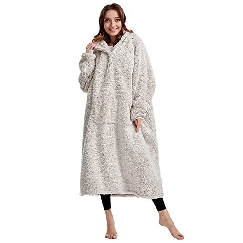 Image of Oversized Teddy Fleece Hoodie Blanket for Women Cuddly Sherpa Wearable Snuggle Blanket Hoody for Adults Kids Men Teenager, Super Warm and Soft,Brown-Over Length