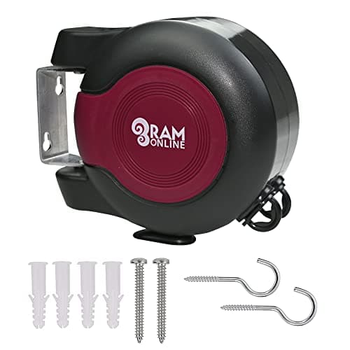 Image of Ram® 30 metre Retractable Reel Clothes Lines Washing Line with Twin Cable - Wall Mounted Heavy Duty Clothes Dryer 2 x 15m Lines of Drying Space, Burgundy