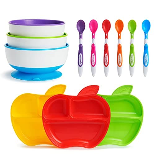 Image of Munchkin 12 Piece Weaning Set, Includes 3 x Stay Put Suction Bowls, 3 x Little Apple Divided Plates & 6 x Soft Tip Spoons