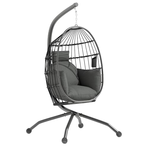 Image of Outsunny Hanging Egg Chair Outdoor Indoor Garden Swing Chair with Folding Basket and Thickened Cushion, Garden Hanging Chair with Stand, Headrest, Cup Holder for Patio, Balcony, Dark Grey