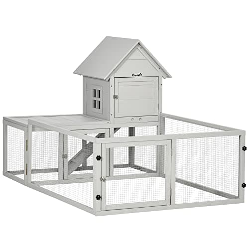 Image of PawHut Rabbit Hutch Outdoor, Rabbit Hutch with Run, Wooden Rabbit Cage for Rabbit, Guinea Pig and Small Animals with Tray, 151.5 x 106 x 97cm, Light Grey