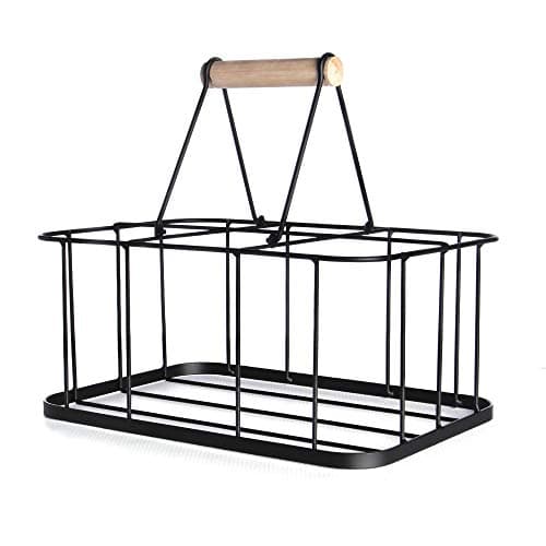 Image of 6 Milk Bottle Crate / Holder | Doorstep Milk Crate | Glass Bottle Caddy & Carrier | Milk Less | Retro Wire Bottle Rack with Wooden Handle | M&W
