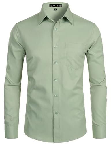 Image of PARKLEES Men's Long Sleeve Dress Shirt Solid Slim Fit Casual Business Formal Button Up Shirts with Pocket Sage Green XL