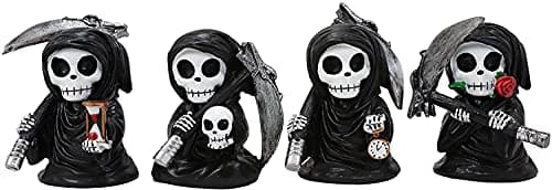 Image of Ebros Time Waits for No Man Mini 4" Tall Chibi Grim Reapers with Scythe Holding Hourglass Skull Clock and Rose Stalk Figurines Set of 4 As Gothic Skeleton Caped Harbinger of Doom Statues