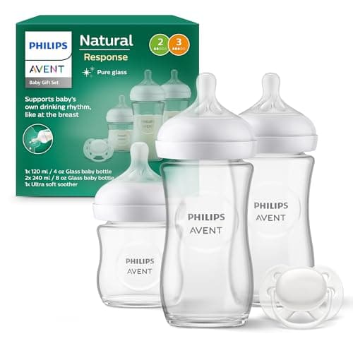 Image of Philips Avent Glass Baby Bottle Newborn Gift Set - 3 Baby Milk Bottles, Ultra-Soft Pacifier for Babies Aged 0-6 Months+ (Model SCD878/11)