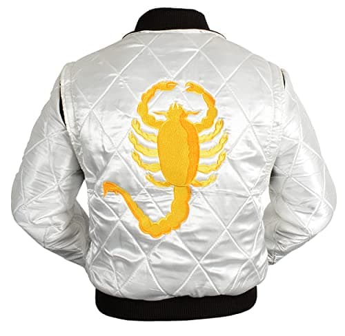 Image of LP-FACON Scorpion Jacket - Men's Scorpion Logo Quilted White Satin Bomber Jacket - drive jacket scorpion