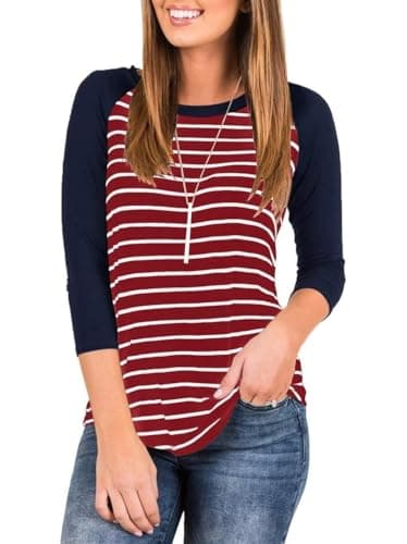 Image of LACOZY Women Black Long Sleeve Tops Fall Basic Crewneck Sweatshirt Baseball Quarter Sleeve Tee Shirts Burgundy M