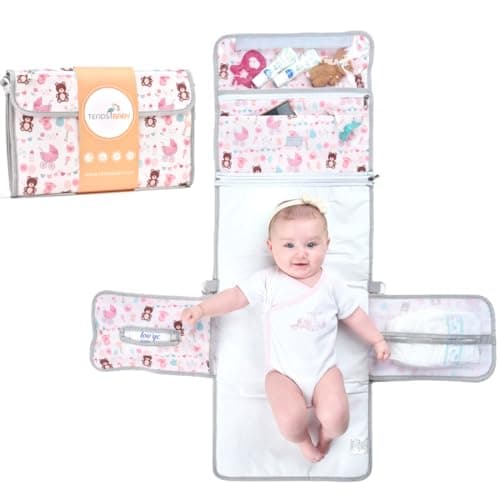 Image of TENDS Portable Baby Changing Pad XL-Waterproof Folding Changing Pad Ideal as Gift for Newborn-The Diaper Changing Pad is a Detachable Bag with 6 Pockets as a Toiletry Bag for Baby Items, Pink