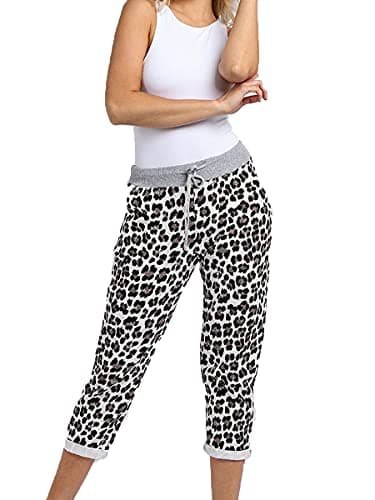 Image of STAR FASHION Women's Italian Elastic Waist Active Yoga Floral Printed Plain Jogging Pants Turn Up Ladies Casual Jogger Hoop Trouser | Leopard Print | 16-18