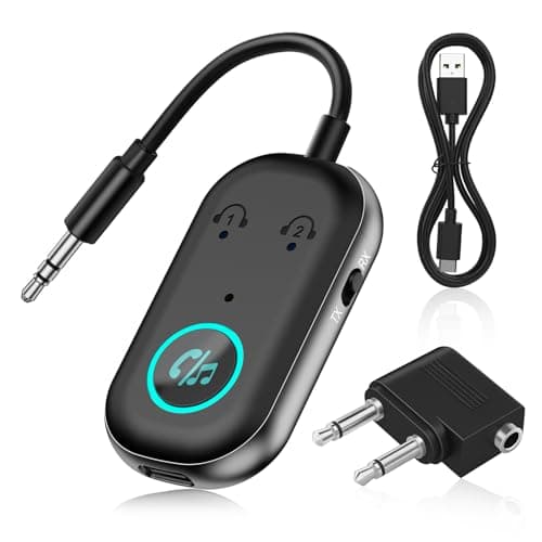 Image of Bluetooth 5.3 Transmitter Receiver, 2 in 1 Airplane Bluetooth Adapter Compatible with 2 AirPods & Wireless Headphones for TV, 3.5mm Jack Audio Transmitter for TV,for T-V/Airplane/Headphone/Airpods/Car