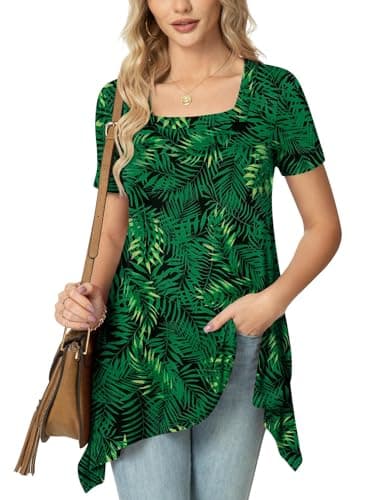 Image of POPYOUNG Ladies Tunic Tops to Wear with Leggings Short Sleeve Floaty Square Neck Blouse Summer Dressy Casual Longline Shirts for Women 3XL, Green Leaves