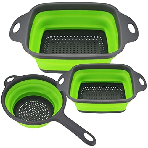 Image of 3 Pcs Collapsible Colanders Set, Silicone Colanders & Food Strainers, Foldable Filter Drain Baskets, Kitchen Strainer Washingup Bowl for Draining Pasta Fruit Vegetable Colanders Drain Baskets, Green