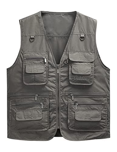 Image of Sukany Men's Vest Utility Shooting Safari Travel Cargo Outdoor Lightweight Work Photo Vest with Pockets Dark Grey 2XL
