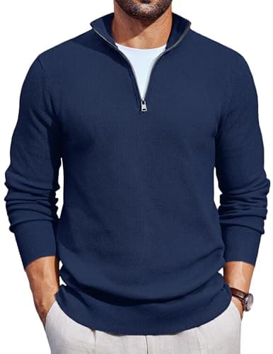 Image of COOFANDY Mens Quarter Zip Jumpers Half Zip Jumper Knitted Sweater Winter Jumper Thermal Roll Neck Jumpers Long Sleeve Pullover Navy Blue S