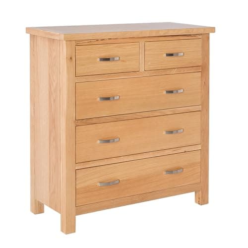 Image of RoselandFurniture London Oak 2 over 3 Chest of Drawers | Contemporary Solid Wood 5 Drawer Storage Chest for Bedroom, Fully Assembled, 90 x 85 x 38 cm
