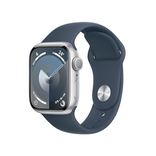 Image of Apple Watch Series 9 [GPS, 41mm] - Silver Aluminium Case with Storm Blue Sport Band, S/M (Renewed)