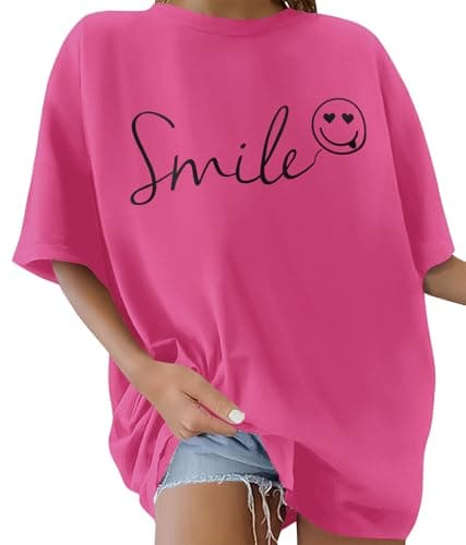 Image of Lonya Women T-Shirt Womens Neck Round Oversized Smile T Shirt Graphic Print Women Short Sleeve Ladies Blouse T-Shirt Casual Loose Summer Cotton Tee Tops,Y-Smile Face-Pink,XL