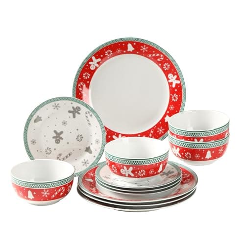 Image of simpa 12PC Christmas Gingerbread Men Ceramic Dinner Set. 4 Dinner Plates, 4 Side Plates & 4 Bowls. Dishwasher & Microwave Safe.