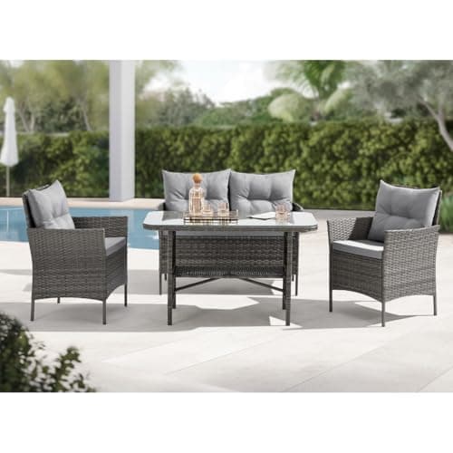 Image of EVRE Mixed Grey Florence Garden Rattan Furniture Set 4 Piece Seat 1 Sofa 2 Chair Dining Outdoor Conservatory Wicker Weave Lounge Sofa and Glass Top Table with Cushions
