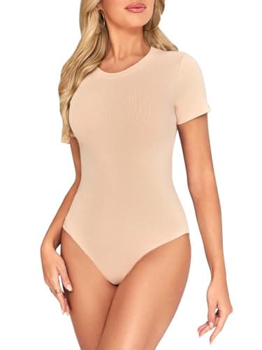 Image of Kefiyis Bodysuit Short Sleeves Bodysuits for Women UK Crew Neck Body Suits Casual Slimming Stretch Leotard Tops with Snap Closure Thong Nude M