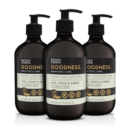 Image of Baylis & Harding Goodness Oud, Cedar & Amber Hand & Body Lotion, 500 ml (Pack of 3) - Vegan Friendly