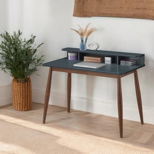 Image of LIUWOPA Mid-Century Modern Wood Writing Desk with Hutch, Rubber Wood Secretary Desk with Open Storage Shelves, Minimalist Vintage Desk for Office (Mid-Century Modern Wood Writing Desk - Grey)