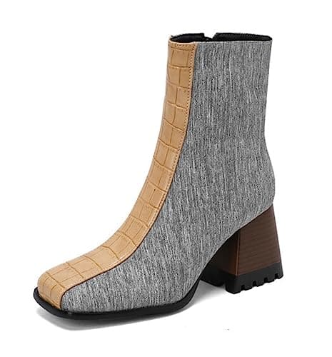 Image of CRETUAO Women's Fashion Colorblock Square Toe Chunky High Heel Ankle Boots,Rome Style Leather Face Elastic Western Cowboy Mid Boots,Gray Cloth,7 UK