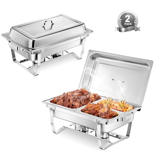 Image of Chafing Dish Buffet Set 2 Pack, 9L Stainless Steel Food Warmer Set, Chafing Dish w/1Full& Half Size Pans(2 One quarter Size Pans), 2 Fuel Holder Tray, Buffet Server Food Warmers for Party, Wedding