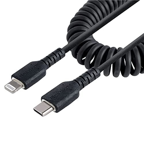 Image of StarTech.com 1m (3ft) USB C to Lightning Cable, MFi Certified, Coiled iPhone Charger Cable, Black, Durable TPE Jacket Aramid Fiber, Heavy Duty Coil Lightning Cable (RUSB2CLT1MBC)