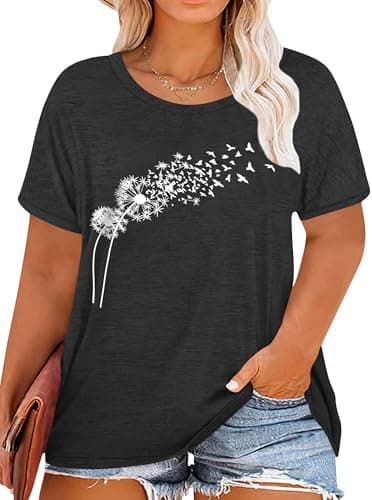 Image of VVNTY Women’s Plus Size T Shirts Cute Dandelion Print Graphic Tshirt Oversized Summer Short Sleeve Round Neck Top XL-5XL (grey2,4XL Plus)