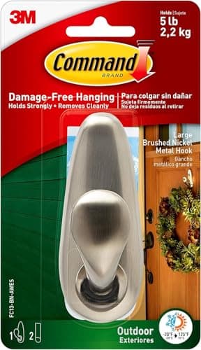 Image of Command Outdoor Large Brushed Nickel, Metal Hook with Strips - for Hanging Outdoor Wreaths, Signs and Other Heavy Items Securely and Damage Free - Holds up to 2.2 Kg