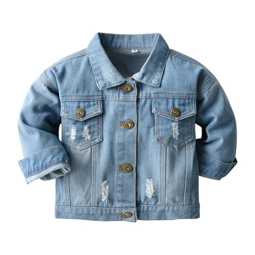 Image of JiAmy Boys Girls Denim Jacket, Kids Ripped Jean Jacket Toddler Lapel Casual Light Blue for 8-9 Years