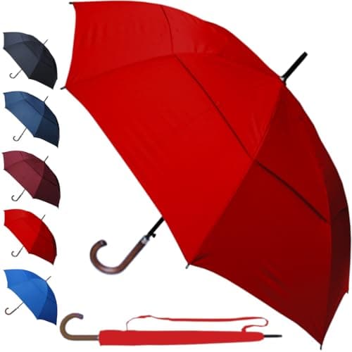 Image of 60MPH Windproof Umbrella Large Strong Umbrella - StormDefender City - Best for Vented Double Canopy - Auto Open - Solid Wood Hook Handle - Rainproof Designer Big Golf - Wedding Red