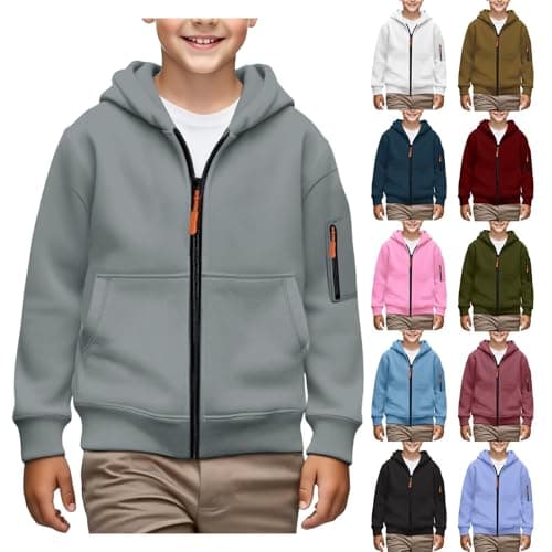 Image of TYUSGH Boys Full Zip Hoodie Kids Solid Color Hooded Sweatshirt Teen Athletic Track Jacket School Sport Coat with Pockets Activewear Spring Clothes (Grey, 14-15 Years)